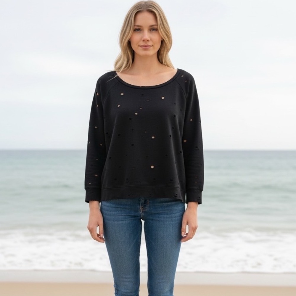 Bar III Women Distressed Laser Cut Raglan Sweatshirt Black Large Scoop Neck Goth